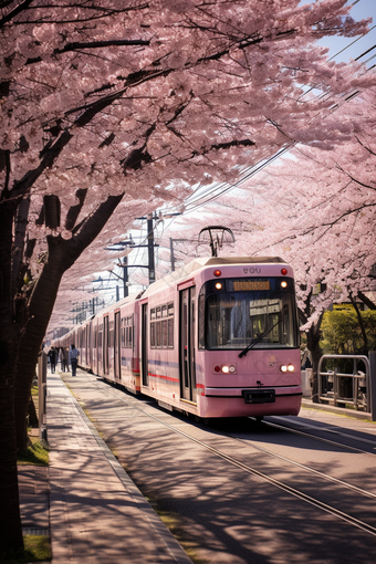 粉色日式樱花电车街道植物漫画