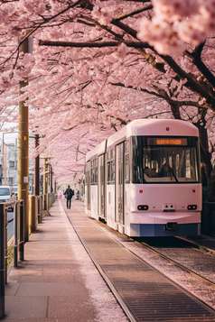 粉色日式樱花电车街道摄影图1