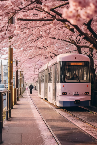 粉色日式樱花电车街道浪漫富士