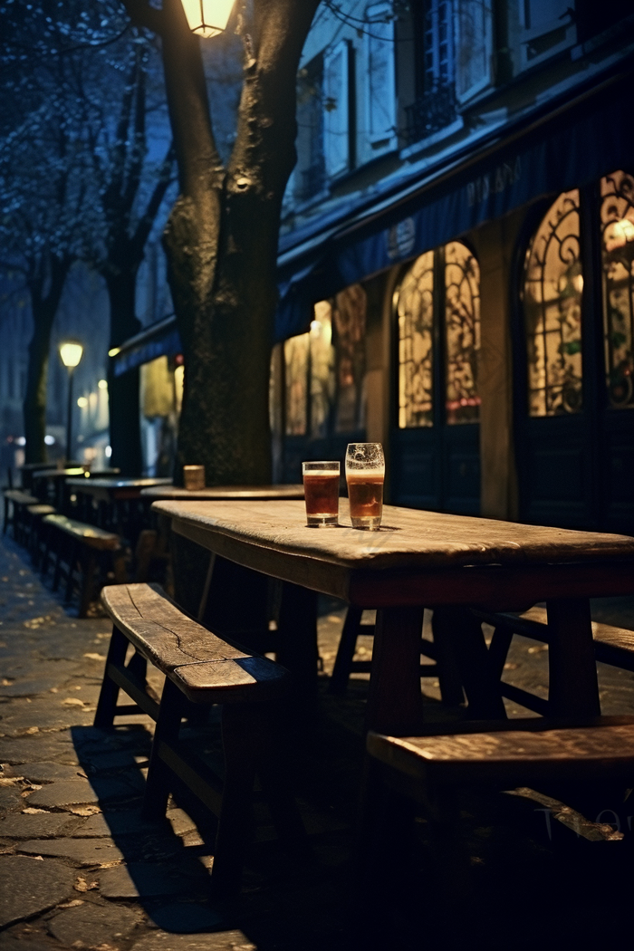 夜晚街头酒桌暖调木桌酒杯