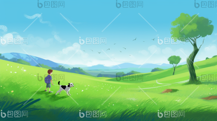 夏日男孩遛狗玩耍狗狗草场插画图片-包图网