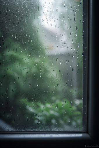 绿色调雨天窗户高清水滴起雾
