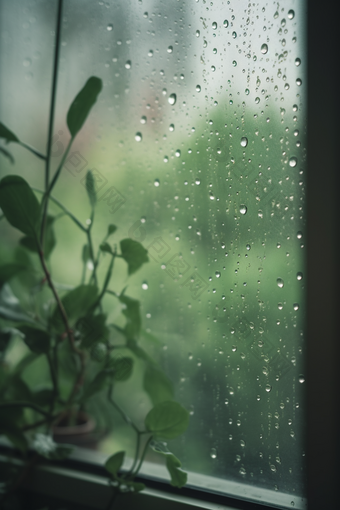 绿色调雨天窗户高清水珠雨水