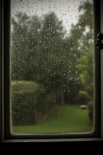 绿色调雨天窗户高清水珠室外