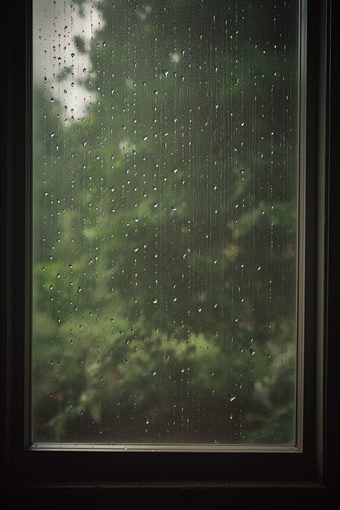 绿色调雨天窗户高清雨季起雾