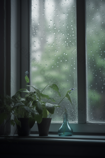 绿色调雨天窗户高清水珠意境