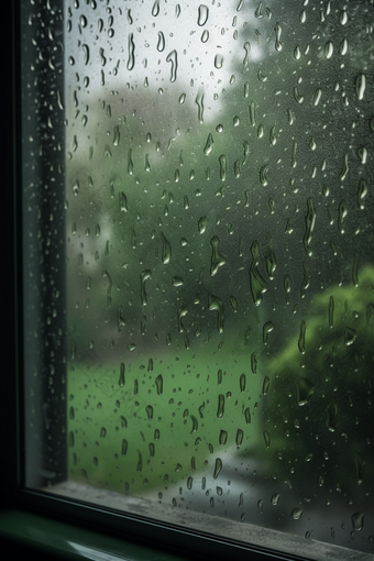 绿色调雨天窗户高清雨季水珠