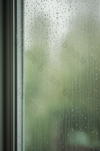 绿色调雨天窗户高清雨季水滴