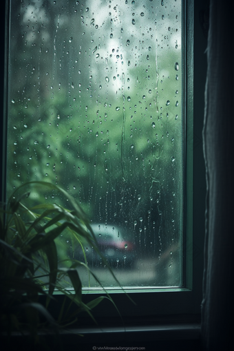 绿色调雨天窗户高清雨季意境