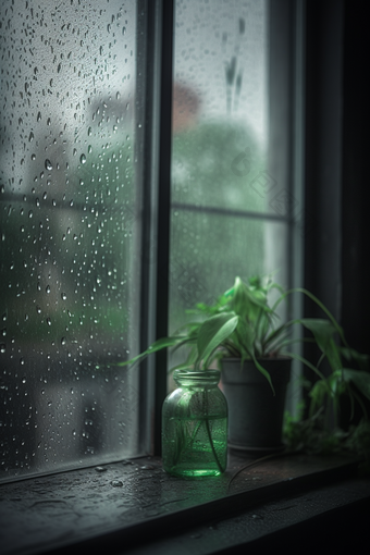 绿色调雨天窗户高清雨季雨水