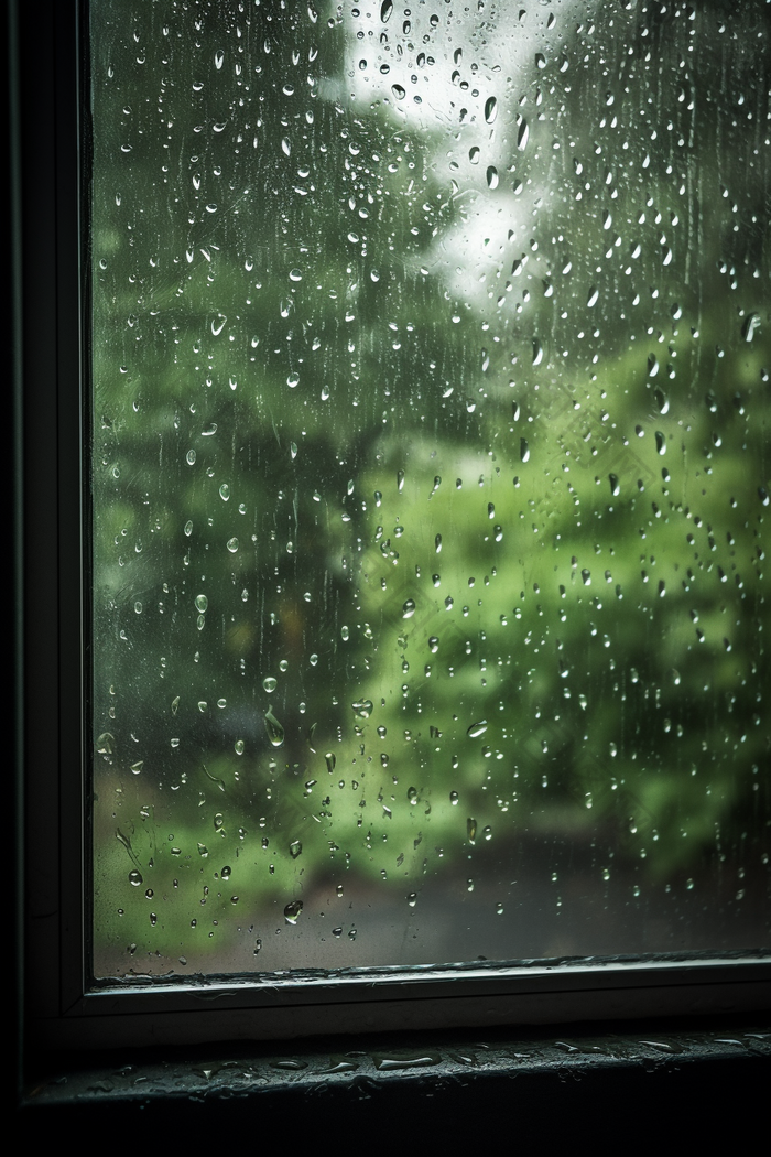 绿色调雨天窗户高清雨季雾蒙蒙