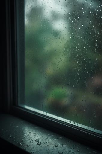 绿色调雨天窗户高清雨季室外