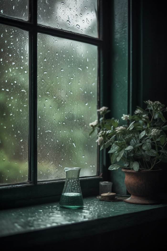 绿色调雨天窗户高清水滴雾蒙蒙