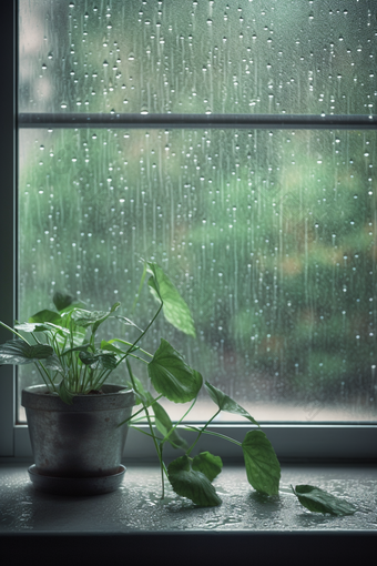 绿色调雨天窗户高清水珠雾蒙蒙