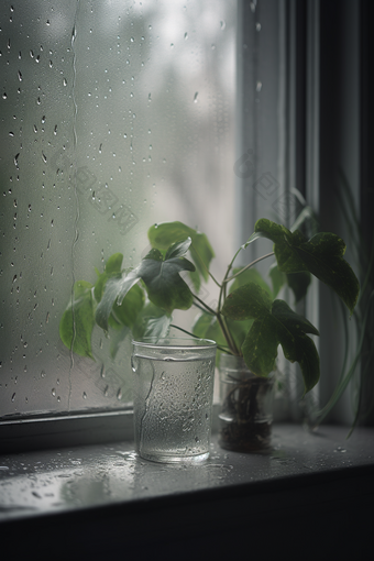 绿色调雨天窗户高清水珠室内