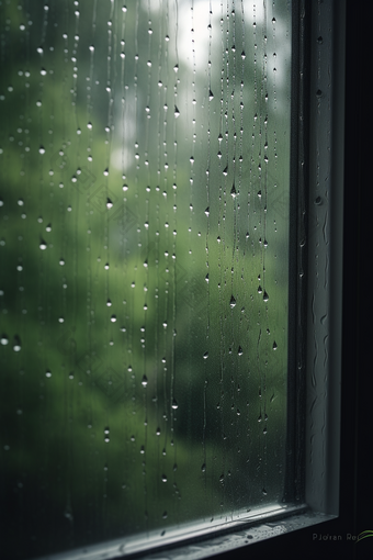 绿色调雨天窗户高清雨季虚化