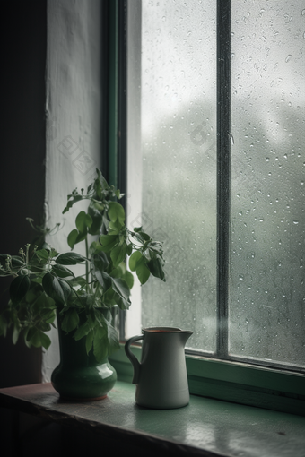 绿色调雨天窗户高清水滴室内
