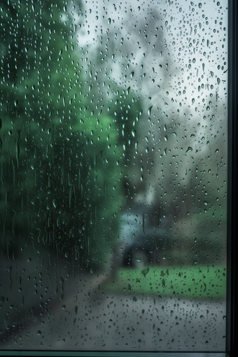 绿色调雨天窗户高清水滴雨水