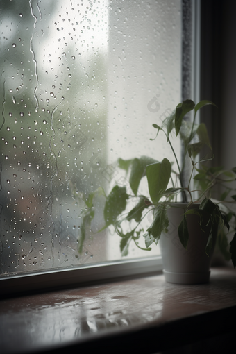 冷色调雨天窗户高清雨季室外