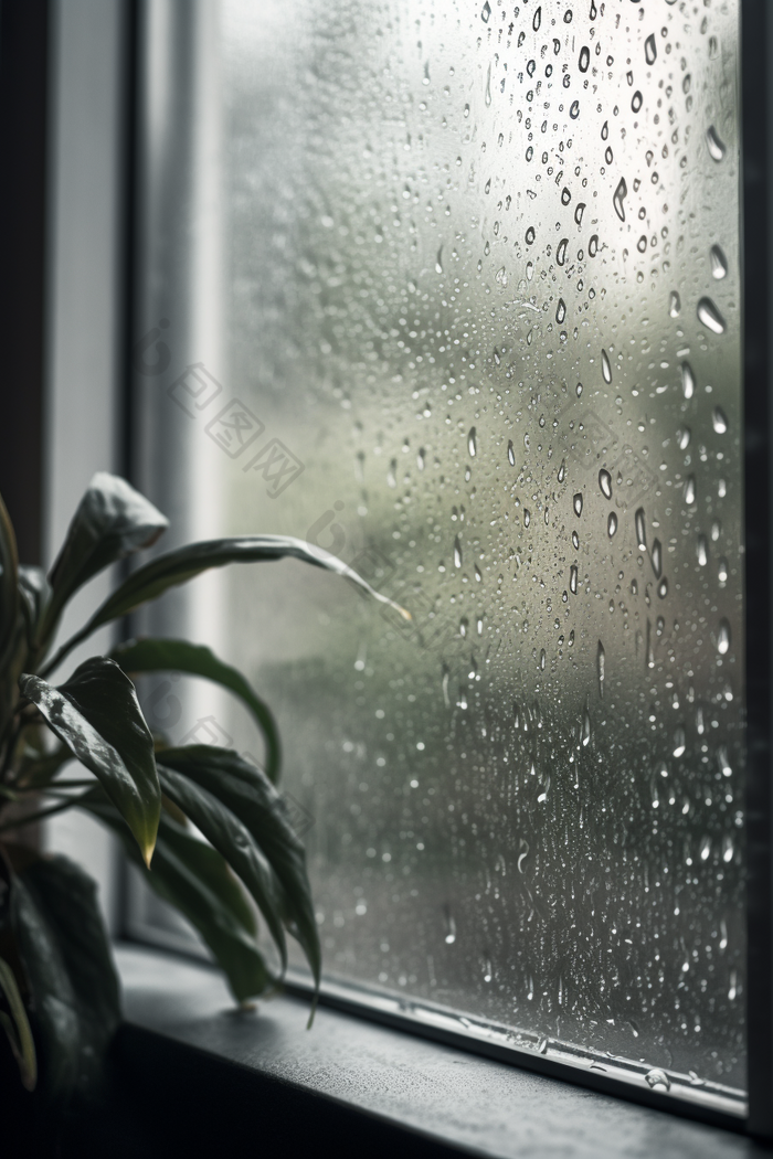 冷色调雨天窗户高清雨季雨水