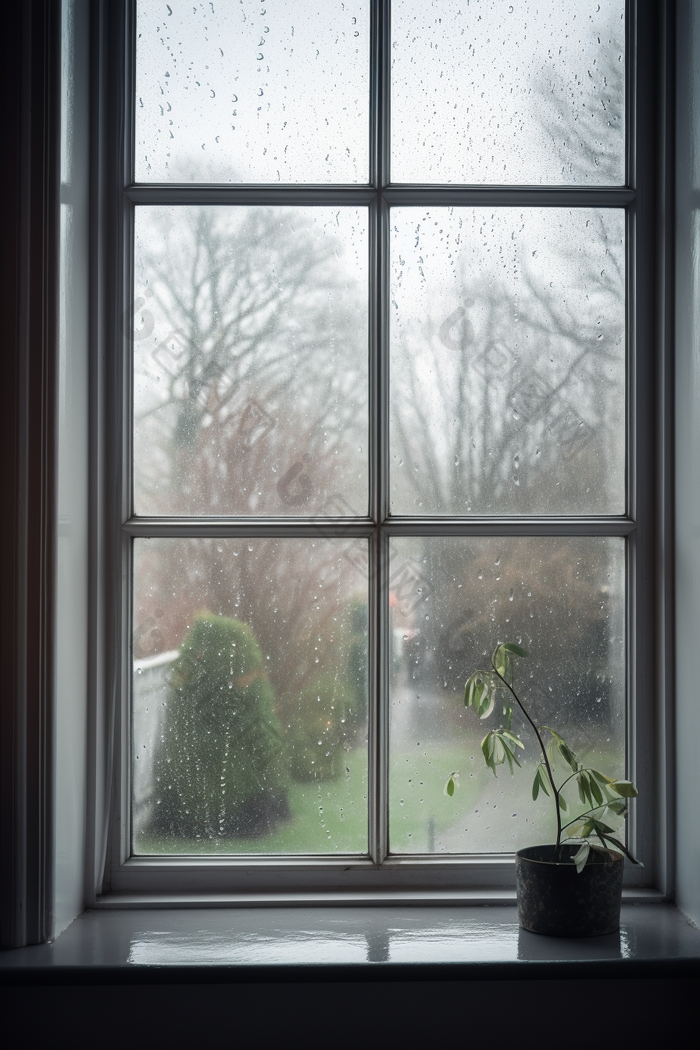 冷色调雨天窗户高清雨季水珠