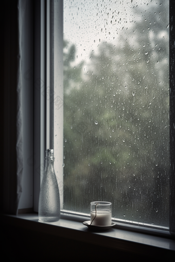 冷色调雨天窗户高清雨季虚化