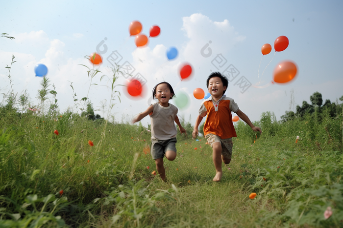 孩子追逐气球玩耍奔跑打闹