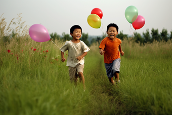 孩子追逐气球玩耍儿童打闹