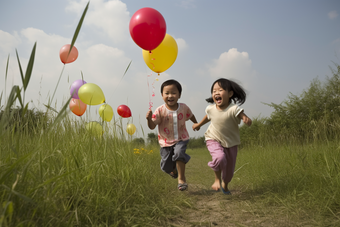 孩子追逐气球玩耍<strong>打闹</strong>开心