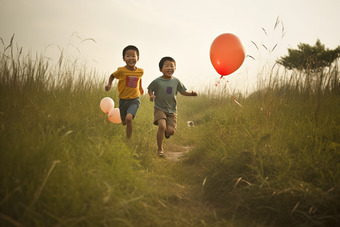 孩子追逐气球玩耍天空草坪