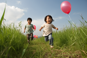 孩子追逐气球玩耍儿童室外