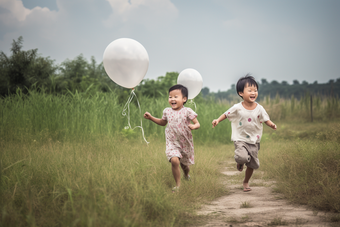 孩子追逐气球玩耍室外草地