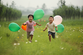 孩子追逐气球玩耍儿童开心