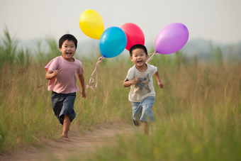 孩子追逐气球玩耍奔跑小朋友