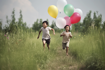 孩子追逐气球玩耍奔跑室外