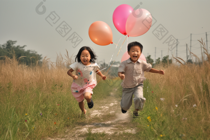 孩子追逐气球玩耍图片-包图网