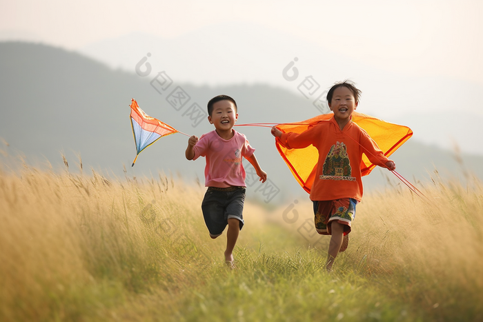 孩子放风筝玩耍放草地