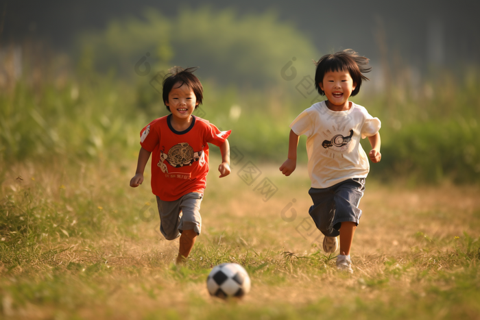 孩子踢足球玩耍儿童草坪