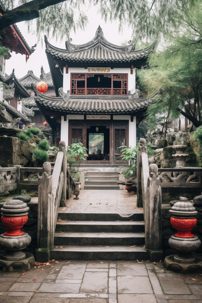 中国古风古镇建筑古植物