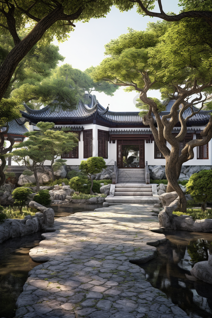 中式园林建筑植物后院