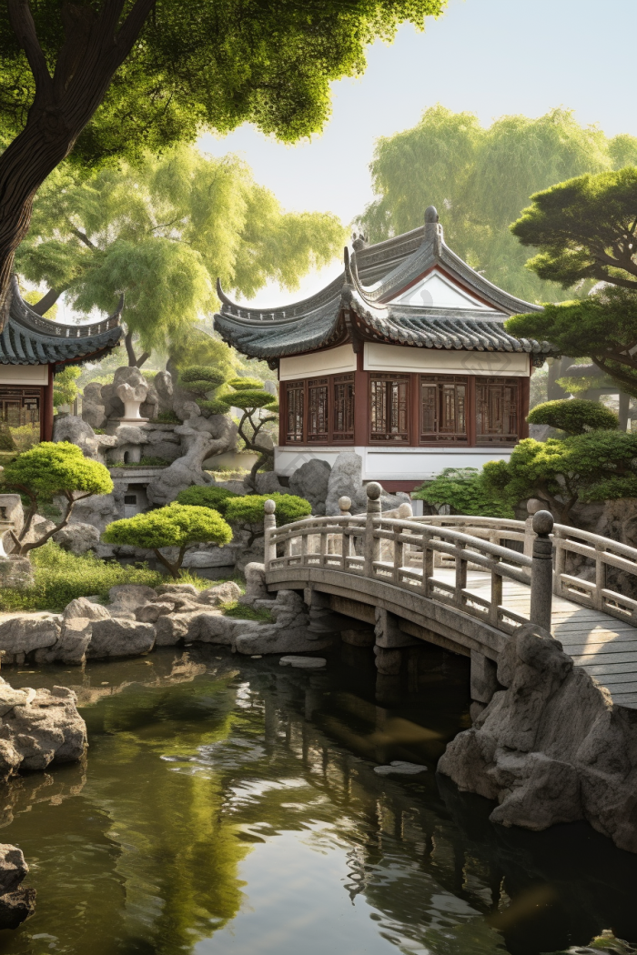 中式园林建筑古树木图片-包图网