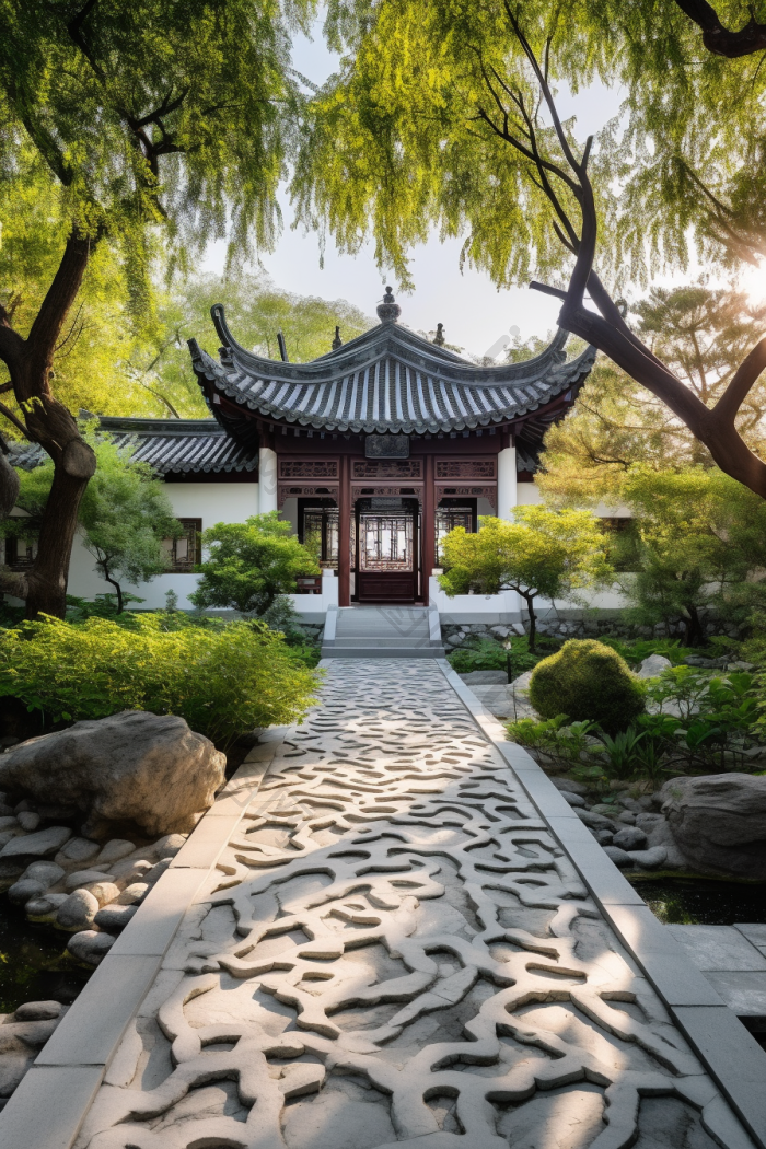 中式园林建筑植物树木图片-包图网