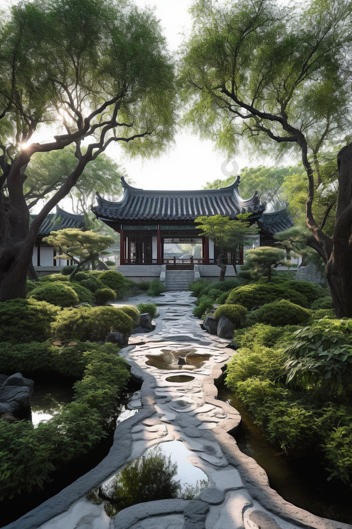 中式园林建筑树木中国图片-包图网