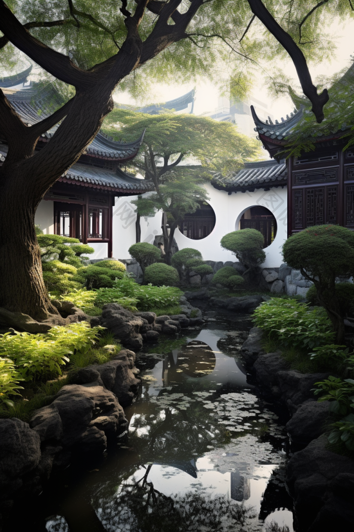 中式园林建筑石板路后院图片-包图网