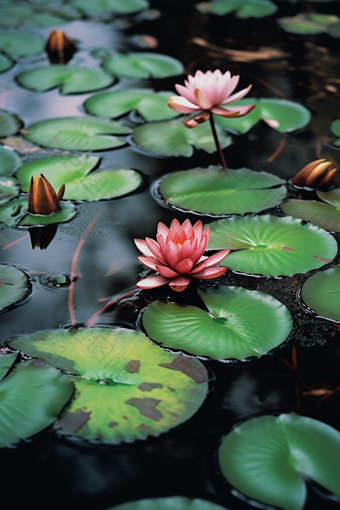 唯美深色池塘睡莲莲<strong>花</strong>水芹<strong>花</strong>