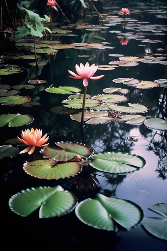 唯美深色池塘睡莲油画风水塘