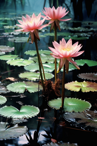 唯美深色池塘睡莲油画风水洋花