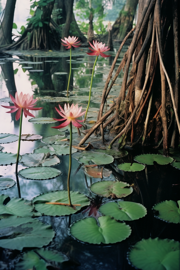 唯美深色池塘睡莲油画风水芹花