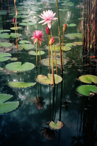 唯美深色池塘睡莲油画风子午莲