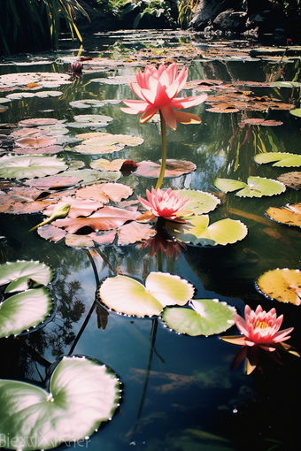 唯美深色池塘睡莲莲花油画风